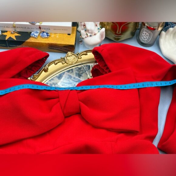 🆕 SELF-PORTRAIT 🧿 NWOT Red Crepe Bow Long Sleeve Mini Dress, Sz UK 14 US 10 - Picture 11 of 15